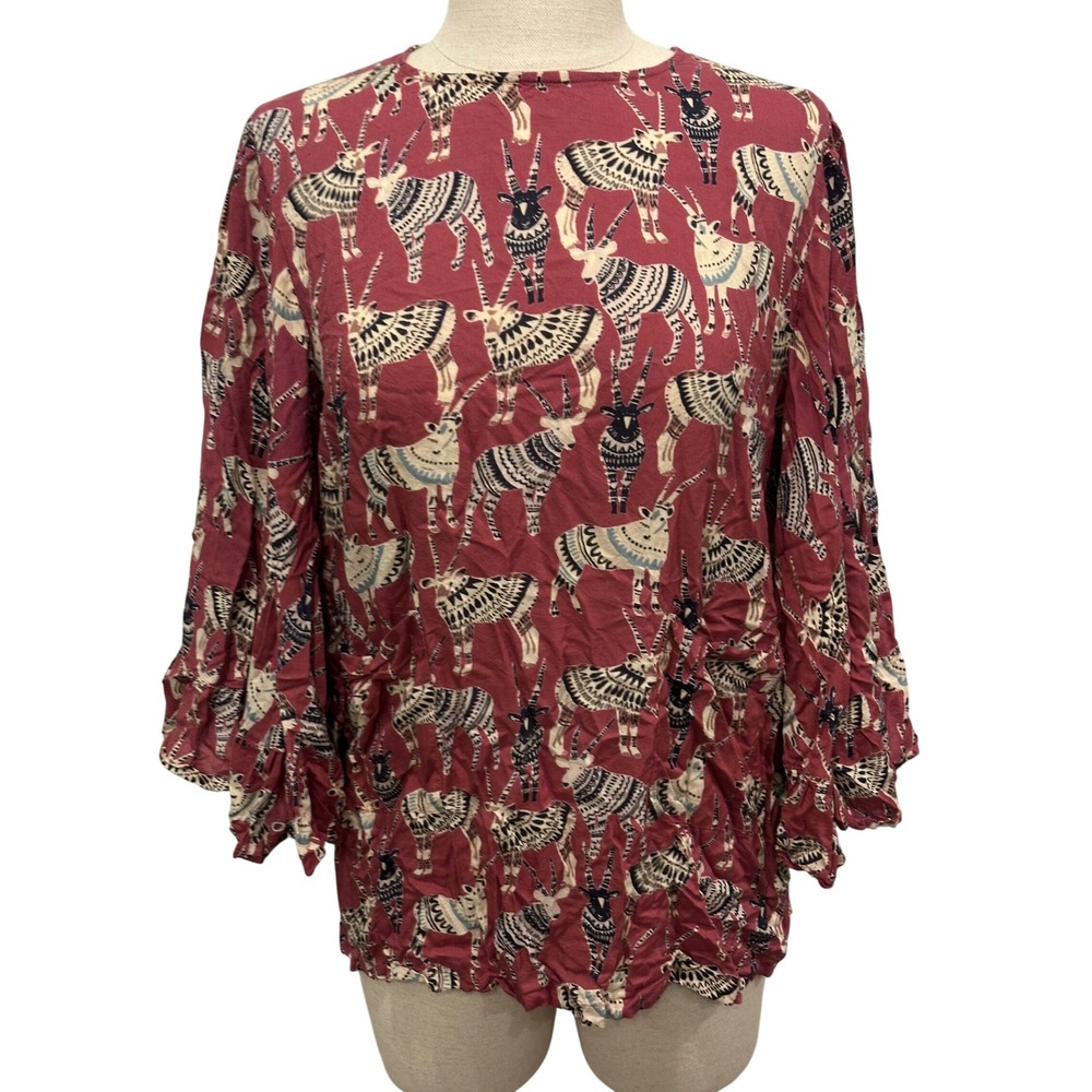 World Market Burgundy Gazelle Animal Print Bell Sleeve Top S/M